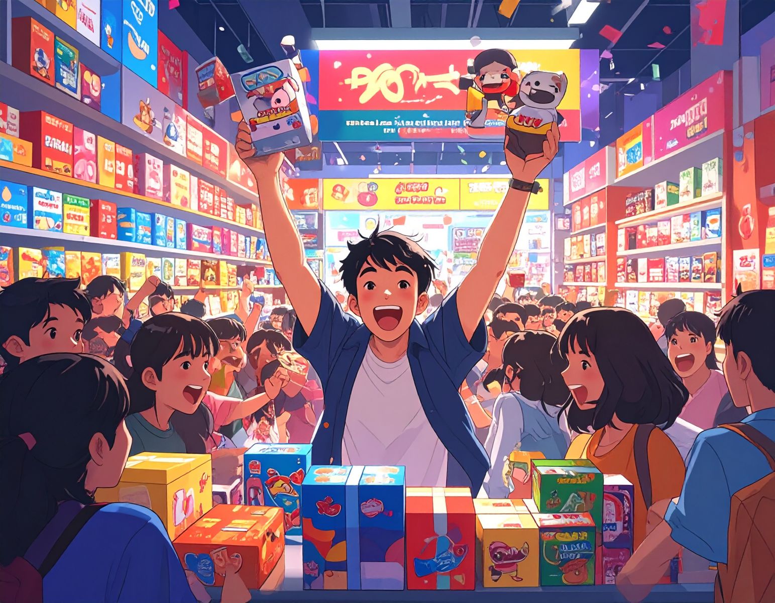 Firefly_Animated movie poster style, a chaotic and exciting scene inside a pop mart store. A  574560.jpg